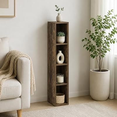 Furevol 4-Tier Bookcase, 6-in Width Storage Shelf Bookshelf, Narrow Book Shelf, 9.3 x 5.9 x 41.6, for Bedroom, Living Room, Home Office, Amber Pine