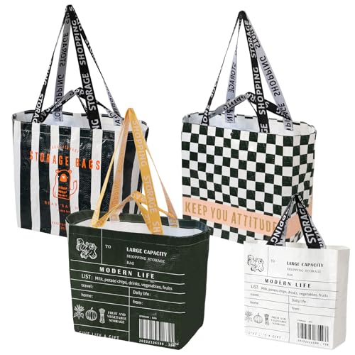 Einkaufstasche Groß, 4-Teiliges Set Wasserdichte Faltbare Einkaufstaschen, Modischer Nylon Einkaufstasche mit Einem Fach und Schulterriemen für Obsteinkäufe und Alltagseinkäufe