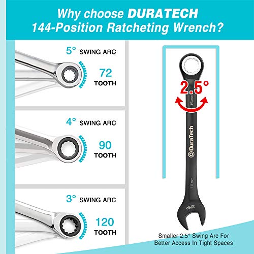 Duratech Ratcheting Combination Wrench Set, 144-P, Double-Stacked Pawls, 8 Piece, Metric, 8, 10, 11, 12, 13, 14, 15, 17Mm, Cr-V Steel, Black Chrome Plated, With Organizer Pouch #TOP1