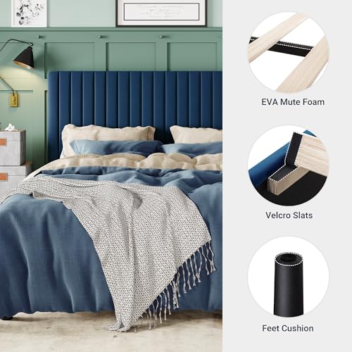 Image of Allewie King Bed Frame, Velvet Upholstered Platform Bed with Adjustable Vertical Channel Tufted Headboard, Mattress Foundation with Strong Wooden Slats, Box Spring Optional, Easy Assembly, Navy Blue