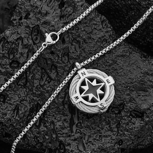 Stainless Steel Compass Necklace for Men, Silver Pendant Necklace for Men, North Star Design, Durable & Fade-Resistant Jewelry Gift for Him