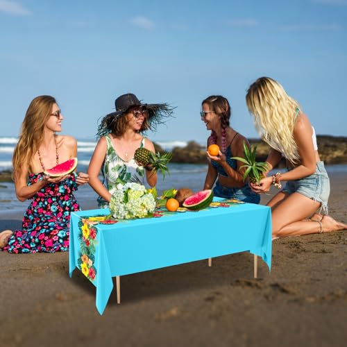 Image of Irenare 3 Sheets Hawaiian Luau Tablecloths for Party Decoration 54 x 108'' Tropical Palm Leaves Table Cloth Hawaii Disposable Rectangular Plastic Table Cover for Summer Beach (Rose Red,Blue,Yellow)