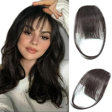 YIWEN Fake Bangs Clip on Bangs Human Hair Fake Hair Clip Hair Extensions Bangs Hair Clip on Bangs for Women Wispy Bangs with Temples Human Hair Bangs Clip on Air Bangs Cover