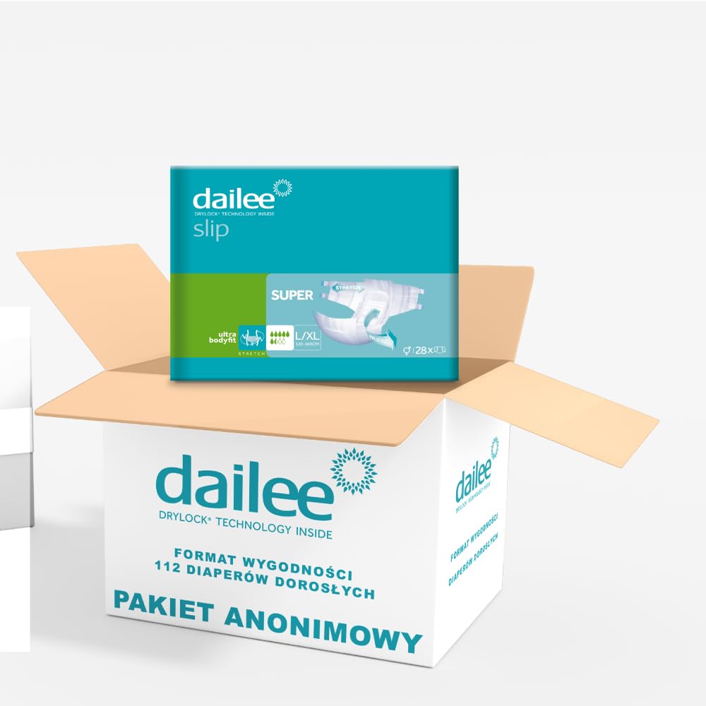 Dailee Slip L/XL - 112x pieluchy dla osób starszych w majtkach - 4 opakowania po 28 sztuk, chłonność Super 6,5 kropli - majtki chłonne nietrzymanie moczu dorosłych