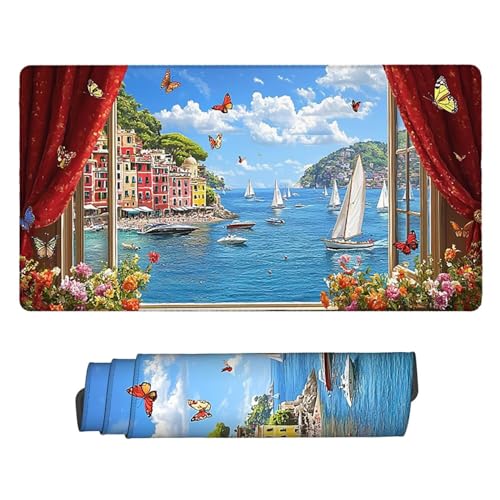 Large Game Tapis de Souris Vue sur la mer avec Base en Caoutchouc Antidérapant Extended XXL Long Clavier Pad de Table Grand Tapis Souris, pour Personnel Bureau, Accessoires Gaming 120 x 60 cm k-294
