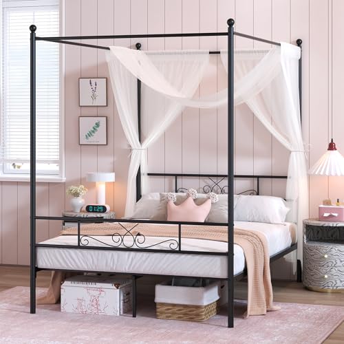 Weehom Full Metal Canopy Platform Bed Frame with Headboard, Black