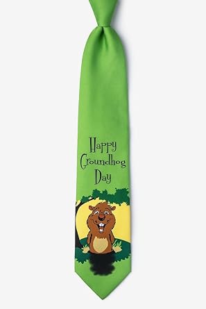 Wild Ties Green Microfiber Tie | Happy Groundhog Day Necktie