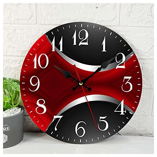 ArtSocket Wooden Wall Clock Silent Non-Ticking, Red Black Grey Irregular Geometric Grid Stripe Abstract Vintage Round Wall Clocks Decor for Home Kitchen Living Room Office, Battery Operated(12 Inch)