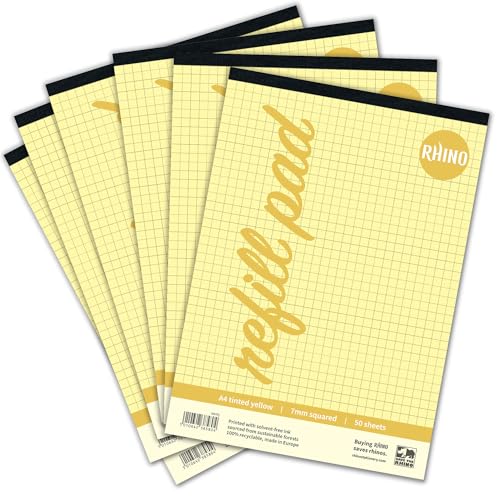 RHINO A4 Refill Pad, Writing Pad, 100-Page / 7mm Squared, 6-Pack, Yellow Squared Writing Paper for Dyslexia & SEN, Office & School Stationery Supplies