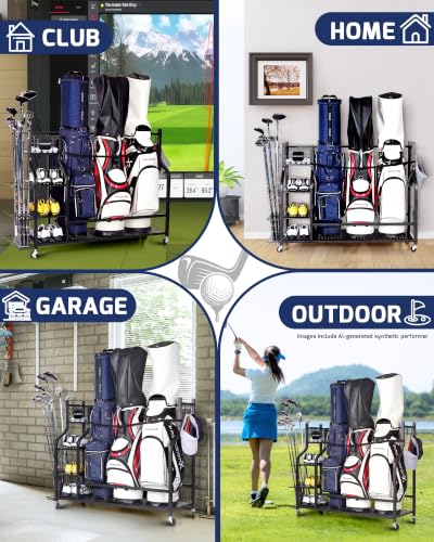 Golf-Bag-Storage-Organizer-Rack-for-Garage-Golf-Bag-Stand-with-Rolling-Wheels-Heavy-Duty-Metal-Golf-Equipment-Organizer-for-Home-Garage-Clubhouse