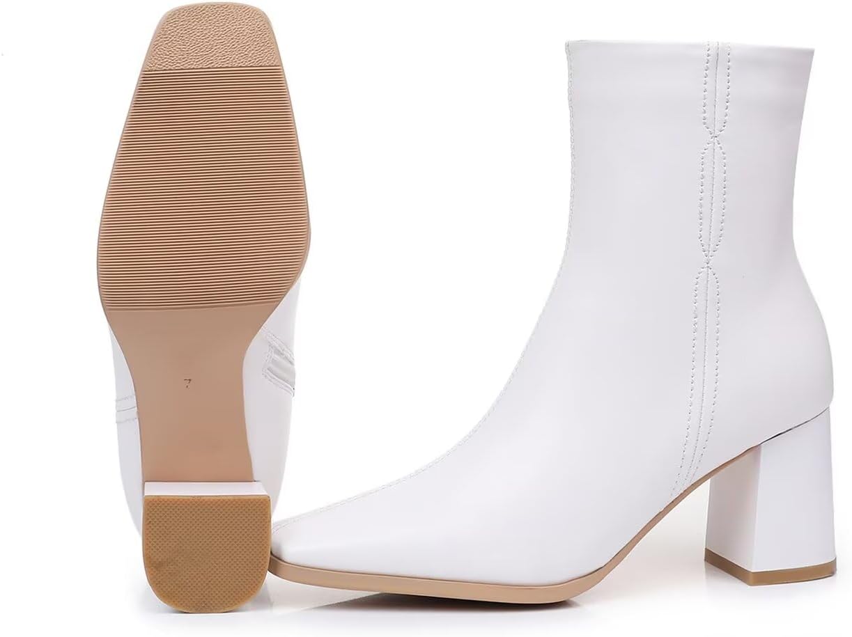 Women's Ankle Boots Square Toe Chunky Block Heel Short Boots for Women Low Heeled Booties with Side Zipper