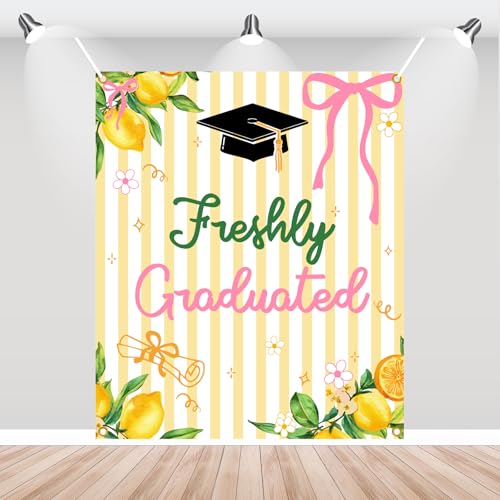Freshly Graduated Backdrop Banner - 2026 Graduation Lemonade Bar Decoration Lemon Themed Graduation Party Photo Props Class of 2026 Sign Congrats Grad Banner 51 * 61 Inch