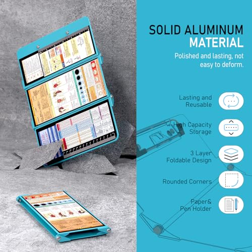 Image of Nursing Clipboard Foldable, Foldable Clipboard w /Nursing Edition Cheat Charts,3 Layers Aluminum, Nurse Clipboard w /Low Profile Clip&Pen Clip Pocket for Students, Nurses and Doctors, Blue