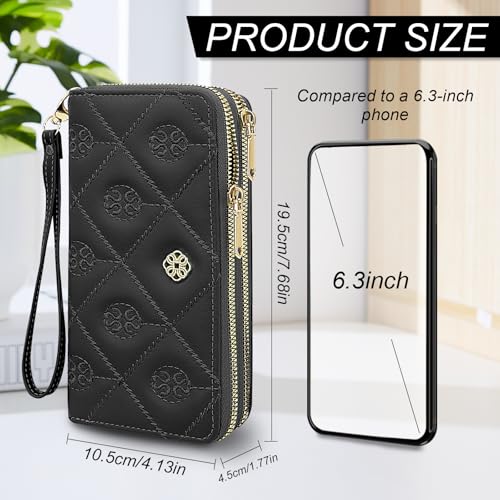 Women's Wallet, Double Zip Leather Phone Wallets, Large Capacity Card Holder Wristlet Purse with Zipper Pocket (Black)2