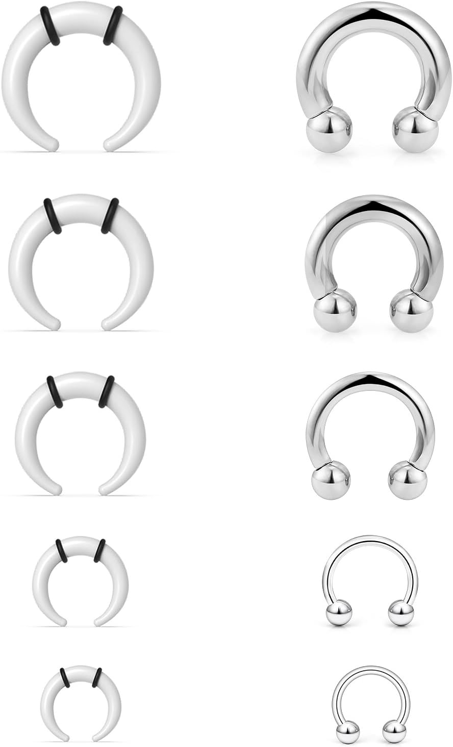 14G-4G Septum Stretching Kit Surgical Steel Acrylic Pincher Tapers C Shape Buffalo Stretcher Expander with Black O-Rings for Stretching Pierced Nose Ear Cartilage for Women Men 10Pcs