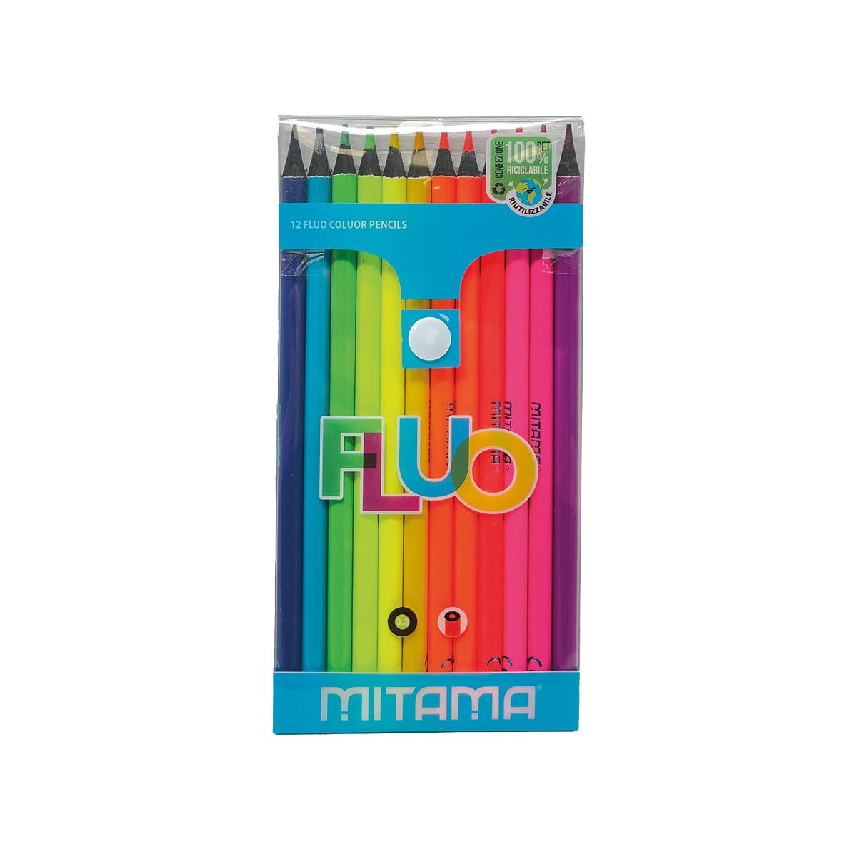 MITAMA - Pastelli Fluo - Confezione da 12 - Pastelli laccati Fluo - Mina con Tratto Grande 3,3 mm - Ideali per disegnare, evidenziare - Colori Scuola - Astuccio Scuola