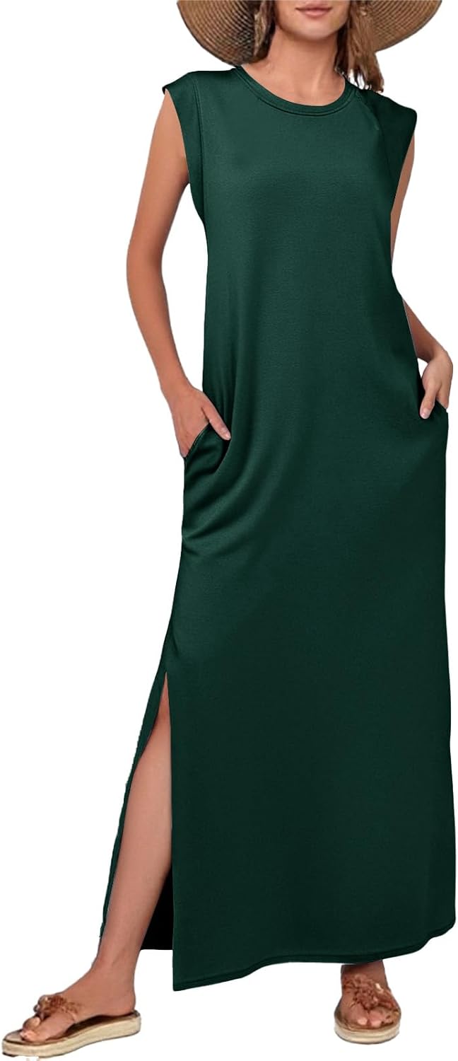 Womens Summer Dresses Casual Sundresses Round Neck Loose Split Wrinkle-Free Long Maxi Vacation Dress with Pockets