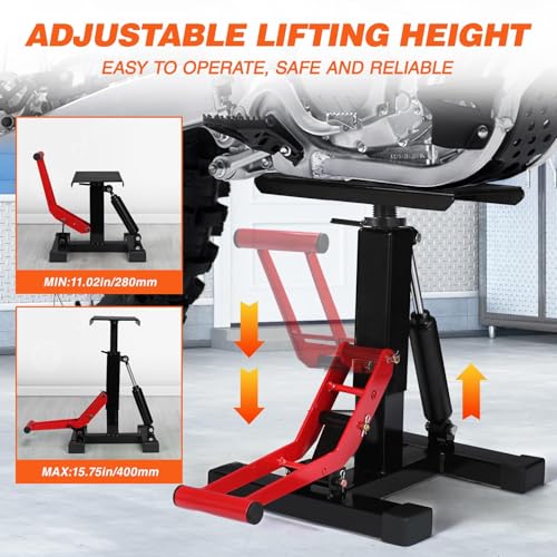 Motorcycle Dirt Bike Stand, Motorcycle Jack Lift Stand with 350 lbs Capacity, Adjustable Height Hoist Table Hydraulic Lift for Dirt Bike Repair, Maintenance, Motor Accessories