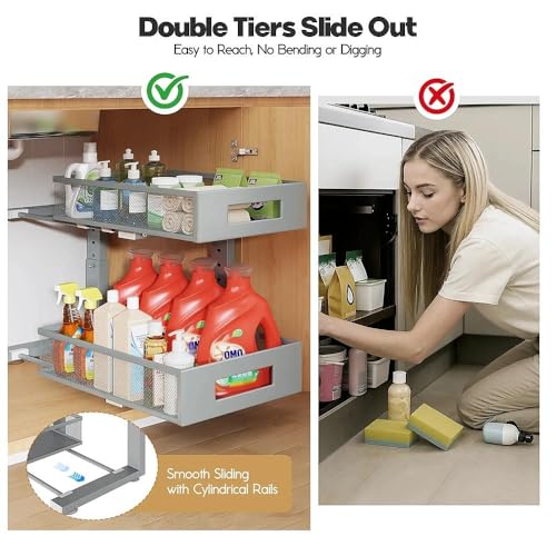 Image of Under Sink Organizer, 2-Tier Dual Pull Out Cabinet Organizer Drawers With Smooth Circular Rail,Large Capacity Metal Mesh Sliding Shelves For Bathroom& Kitchen Storage,Height Adjustable-Gun Gray,1 Pack