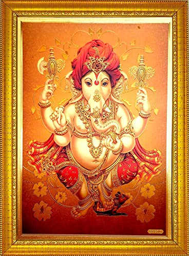 Image of ADA Handicraft Lord Ganesh Ganpati Religious Painting Photo Frame for Pooja Hindu God Photos With Frame for Wall Decor - Gold (35 * 25cm)