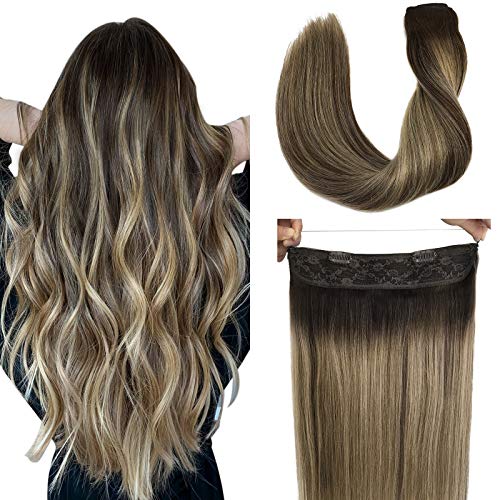 Doores Halo Hair Extensions Human Hair Balayage Chocolate Brown to Honey Blonde 12 Inch 70g Natural Flip Hair Extensions Invisible Hairpiece Hidden Crown Hair Extensions with Transparent Fish Line