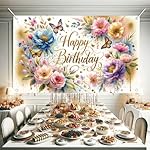 Floral Birthday Backdrop for Girls Spring Butterfly Happy Birthday Photography Background Pink Flower Blossom Plant Pastel Girls Lovely Princess Banner Photo Booth Studio 70.8 x 43.3 Inch - Image 4