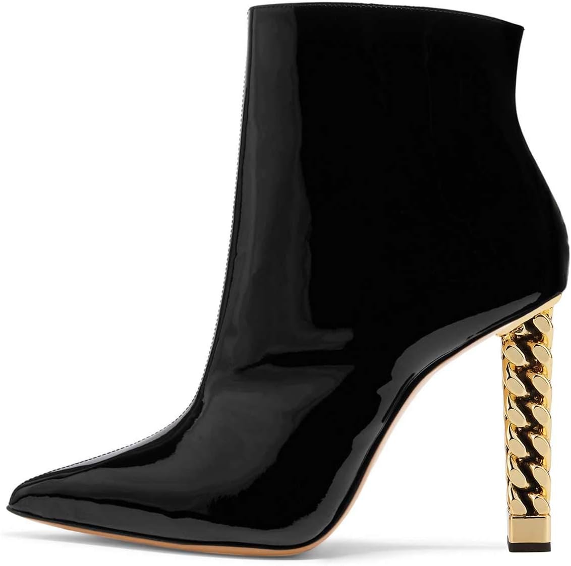 FSJ Women Trendy Pointed Toe Ankle Boot Block Chunky Gold High Heel Bootie Party Prom Shoes with Zipper Size 4-15 US