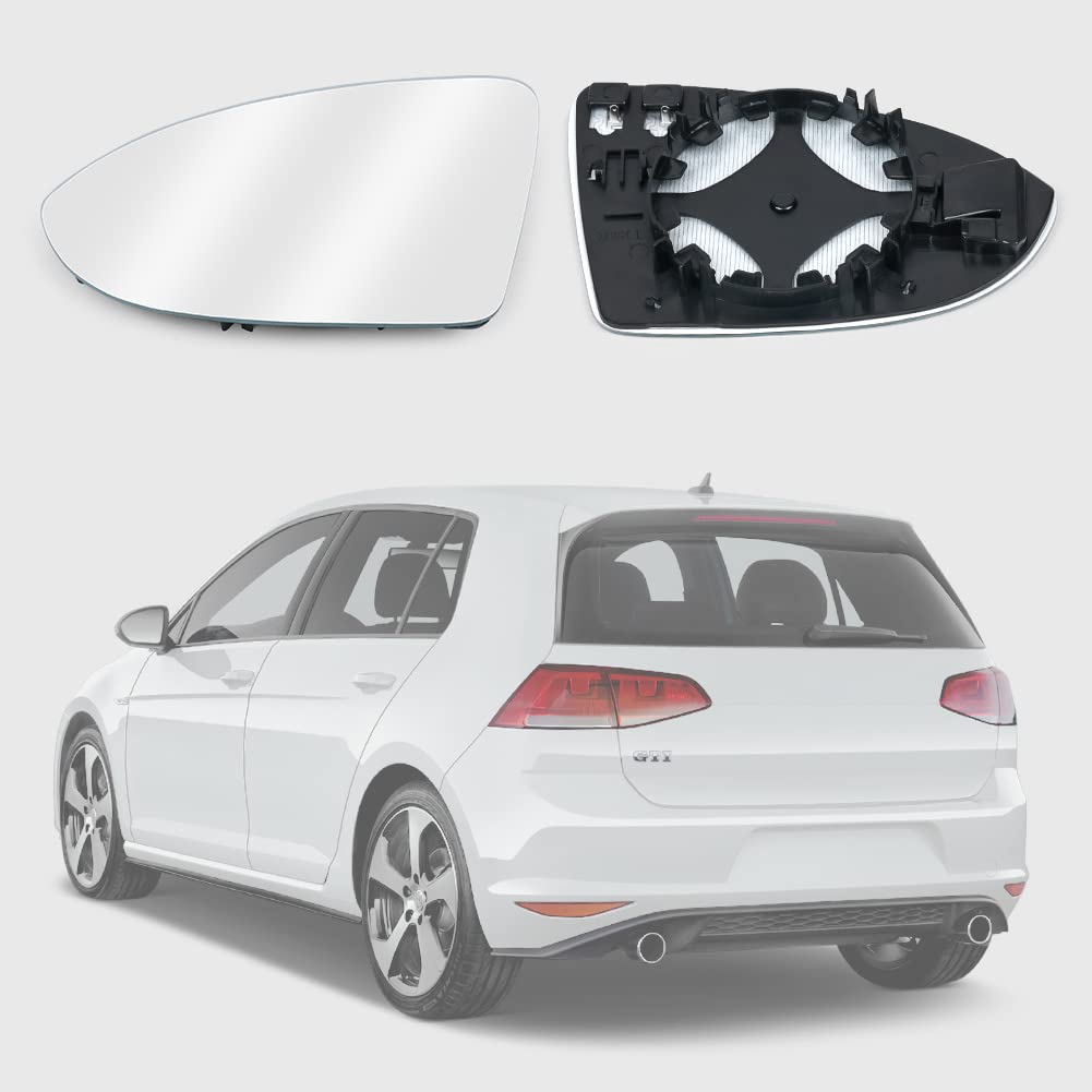 URAQT Passend für Golf 7 Spiegelglas Links, Außenspiegel Konvex Klar Beheizt Fahrerseite Beheizbar Asphärisch mit Trägerplatte Türspiegelglas Außenspiegel OEM:V-W(4060G01) / V-W (5G0 857 521)