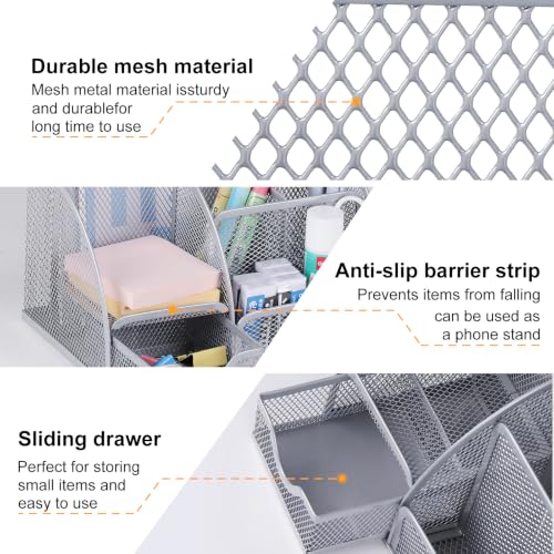 DUJEQM Metal Mesh Desk Organizer Pen & Pencil Holder with Drawer, Silver by DUJEQM - Image 6