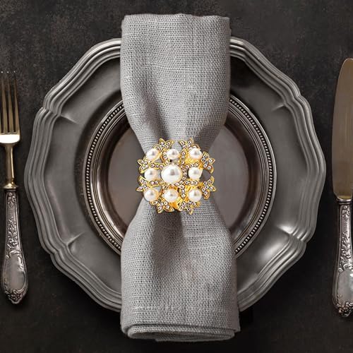Decozen Set of 12 Gold Napkin Rings with Pearl Design, Festive, Table Decor Setting for Holiday, Wedding, Birthday, Kitchen, Home Decor, Housewarming Gift - Thanksgiving & Christmas Gift Decoration