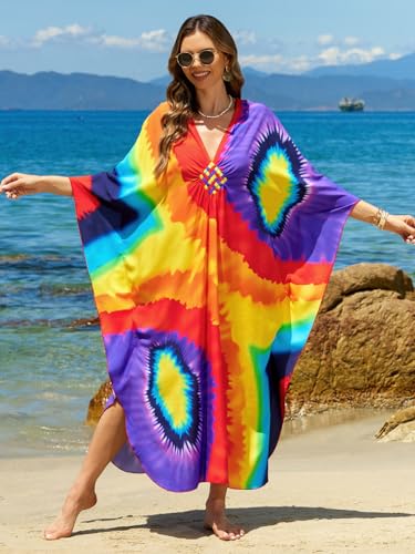 Image of IMAGEKOPE Women's Plus Size Animal Print V-Neck Batwing Kaftan Beach Dress Bathing Suit Cover-Up Loungewear