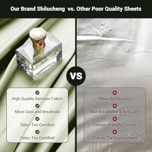 Image of Shilucheng 4 Piece Queen Sheet Sets, Cooling Sheets, Blend Rayon Derived from Bamboo, Deep Pocket Up to 16 inch, Breathable & Soft Bed Sheets, Hotel Silky Bedding Set, Sage Green