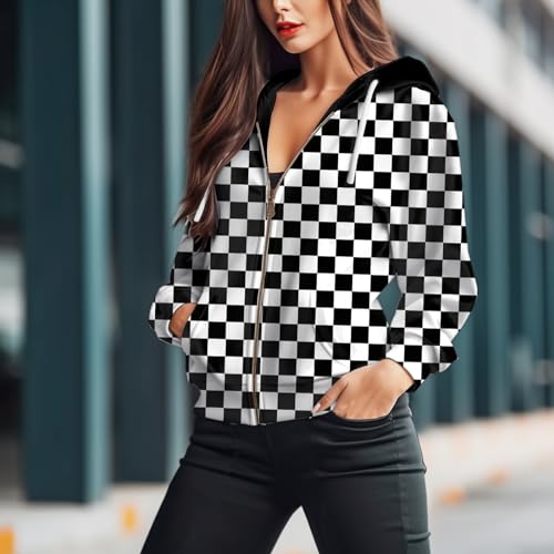 Womens Zip Front Plaid Sweatshirts Print Hoodie Fall Jackets Long Sleeve Casual Drawstring Clothes 5