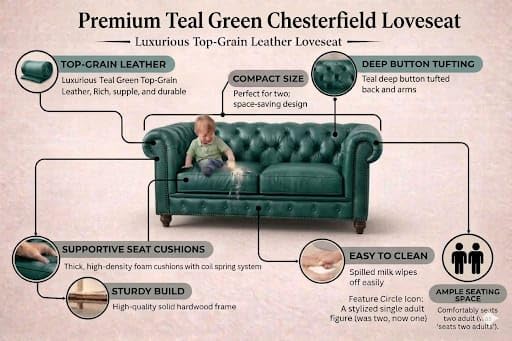 Image of Modern Classic Design Leatherette Luxury Chester Sofa Set with Button Tufted, Sofa for Living Room Home, Hotel, Restaurant, Living Room Furniture Set, Office and Lobby (Tel Green, 2 Seater Sofa)