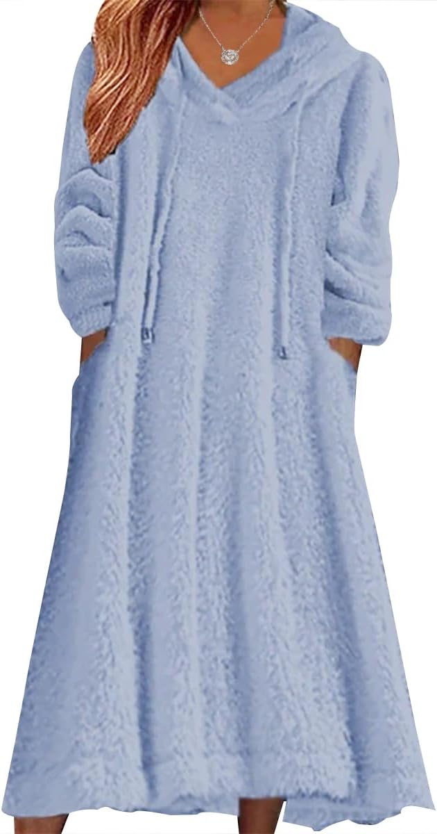 Women's Fall Winter Fuzzy Fleece Dress Casual Oversized Long Sleeve Pullover Hooded Jackets with Pockets