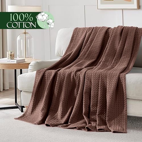 Image of Elegant Comfort Premium 100% Cotton Waffle Blanket - Lightweight Breathable Waffle Weave Bed Blanket - Soft and Warm All Season Blanket for Couch, Sofa and Bed, Full Size 88x88 Inches, Brown