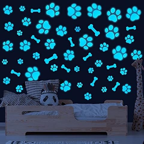 Dog Paw Print Stickers Glow in The Dark Wall Decals Pup Dog Room Decor Stickers Vinyl Dog Paw Bone Wall Decals Removable Animal Footprint Decal for Kids Boys Girls Bedroom Nursery Decor Blue Cover