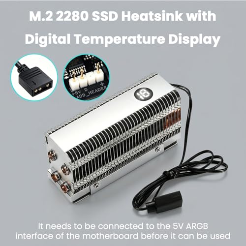 Image of ZORBES M.2 2280 SSD Heatsink with Digital Temperature Display, High Performance Aluminum Fin & Copper Heat Pipe Cooler for PCIe 4.0 /5.0 NVMe SSD, Thermal Cooling Solution, 11x5x8x3.5cm