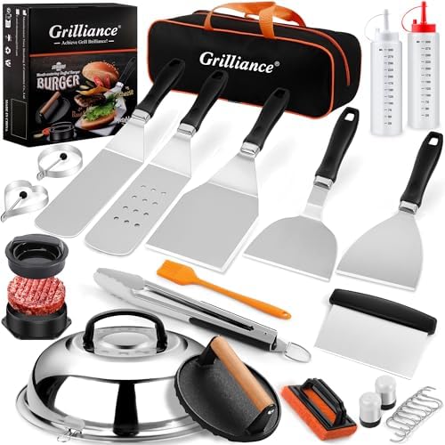 Grilliance 27-TLG Grillspachtel Plancha Zubehör für Männer, Teppanyaki BBQ Grillbesteck Set Edelstahl, Hibachi Smasher Burger Geschenkset mit Pfannenwender, Burgerpresse, Patty-Mak