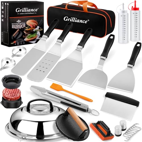 Comparison: Best Griddle Accessory Kit 4 Grilliance 27pcs Griddle Accessories Kit for Blackstone, Professional Hibachi Flat Top Grill Tools, Enlarged Spatula Gift Set with Basting Cover,Burger Press Patty Maker for Outdoor BBQ Teppanyaki