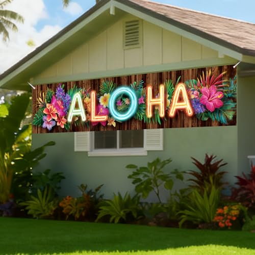 Image of Nuxovilar Aloha Banner Hawaiian Party Decorations 78.7x17.7 Inches | Luau Party Decorations, Tropical Sign, Island Photo Background, Porch Wall Decoration, Yard Lawn Home (Aloha Flower)