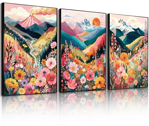 Image of Frimeeme Colorful Floral Mountain Wall Art Set of 3, 12x16in, Unframed