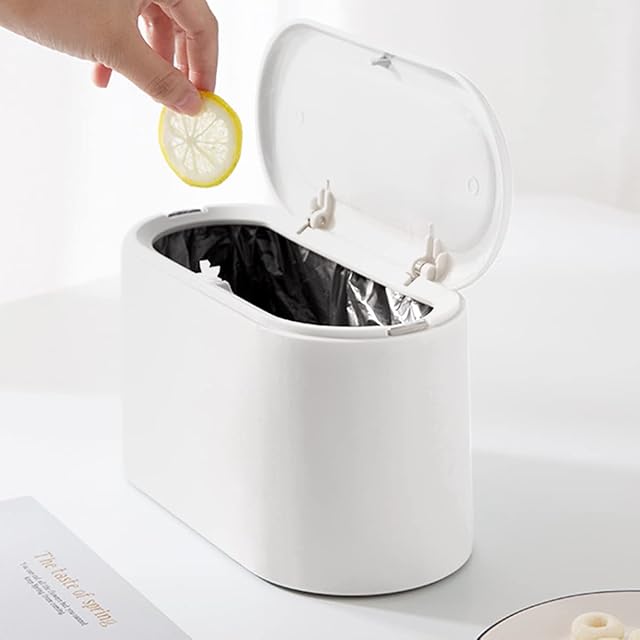 MOLEDA Small Desktop Rubbish Bin with Press-Type Lid, Mini Table Top Waste Paper Garbage Dust Dustbin Trash Can Wastebasket for Bedroom Kitchen Bathroom Office, Tiny Little Plastic Desk 2L (White)