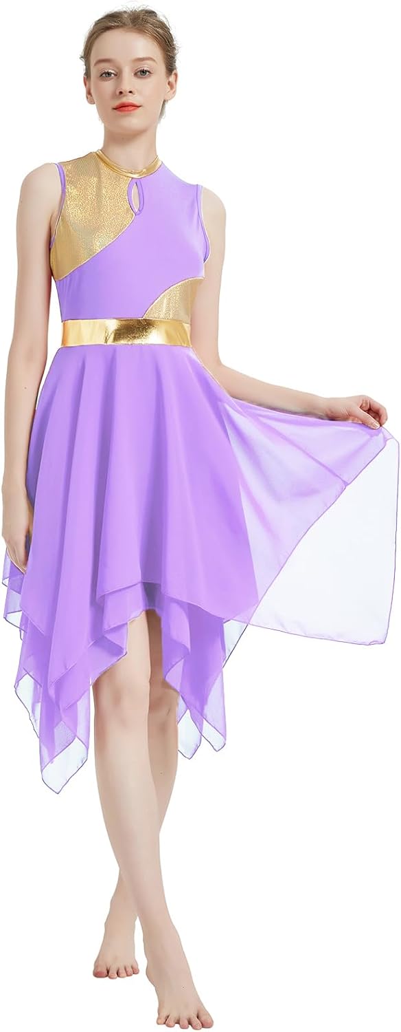 Women's Praise Dance Overlays Dress Tunic Metallic Color Block Sleeveless Irregular Hem Worship Lyrical Dance Dress - Image 2