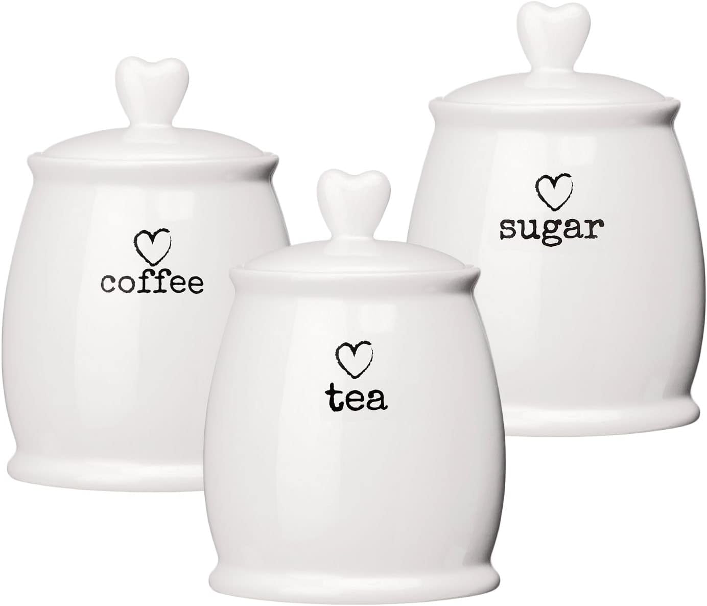 Set of 3 Ceramic Tea Coffee & Sugar White Storage Jars Shabby Chic Heart Design