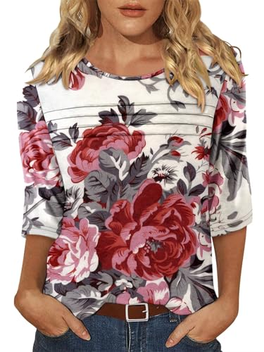 KISSMODA Women's Casual 3/4 Sleeve T-Shirts Round Neck Cute Tunic Tops Basic/Pleated Summer Tops Trendy Spring Blouses