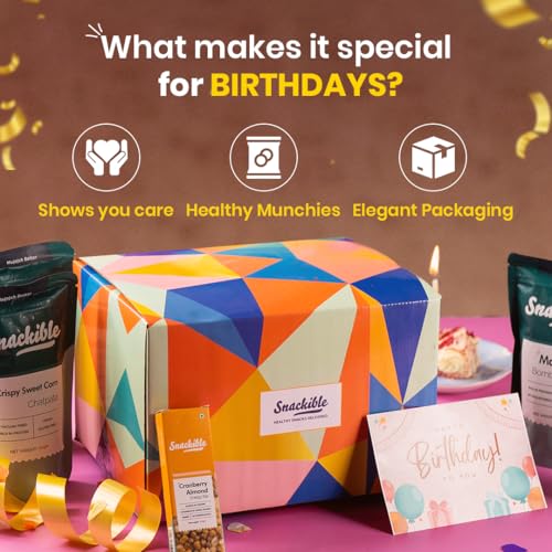 Image of Snackible Birthday Gift Box | Box of 12 Healthy Snacks | Not Fried | No Maida | Rich in Protein & Fibre | Healthy Gifting Option | Sweet & Savoury Snacks