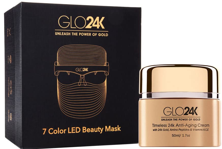 Máscara de belleza LED de 7 colores GLO24K más crema antienvejecimiento atemporal de 24k. Para una piel impecable, brillante y radiante.