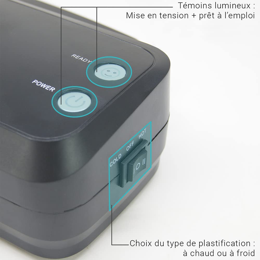 Plastifieuse A4 250 microns chauffe rapide vitesse 25 cm/min compatible pochettes A4/A5/A6 cartes levier anti-bourrage