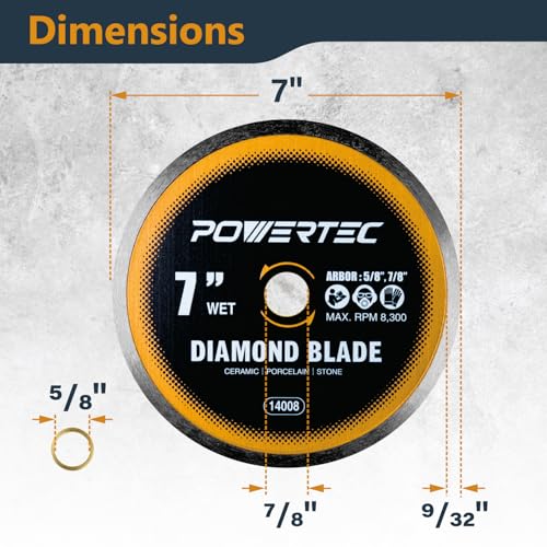 Image of POWERTEC 7 inch Continuous Rim Diamond Saw Blade for Wet Tile Saw, Diamond Blade for Cutting Ceramic, Porcelain, Natural Stone Tile, Wet Cutting Only 7 inch Diamond Blades, 1 Pack (14008)